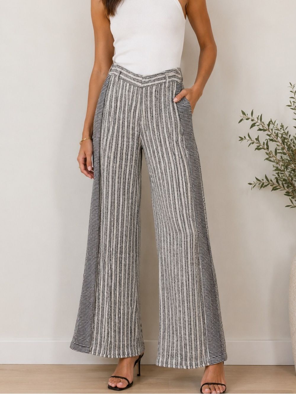 Petanu by Pashma Linen Striped High Rise Wide Leg Palazzo Pants Size M